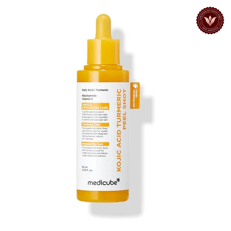 Medicube Kojic Acid Turmeric Peel Shot 80ml front product photo with Vanity Vibes seal