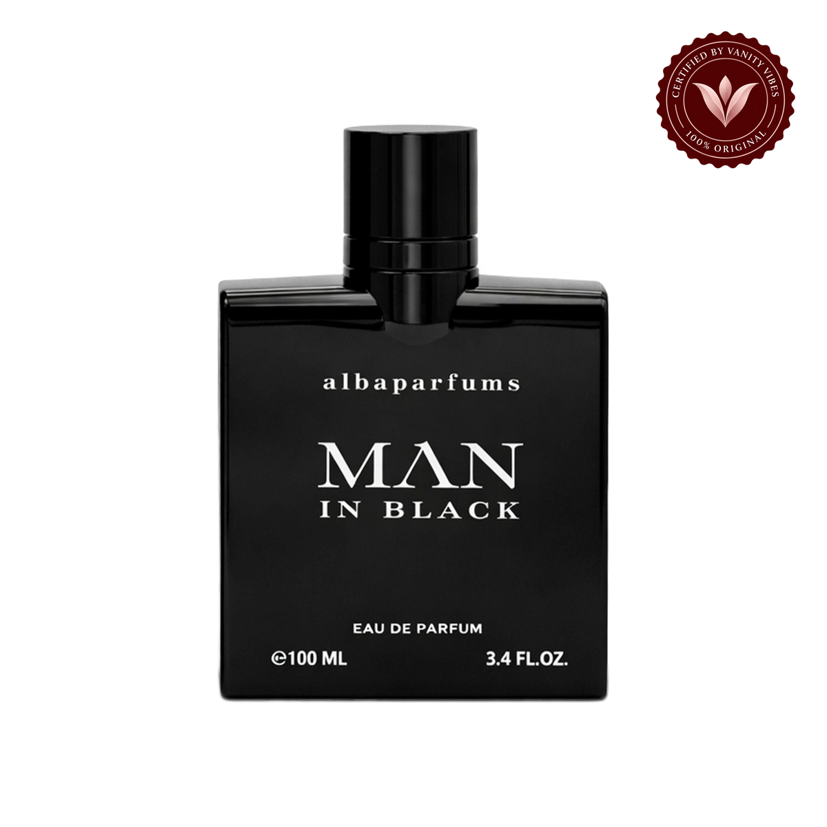 Alba Men in Black; single front-facing product, transparent background, Vanity Vibes badge