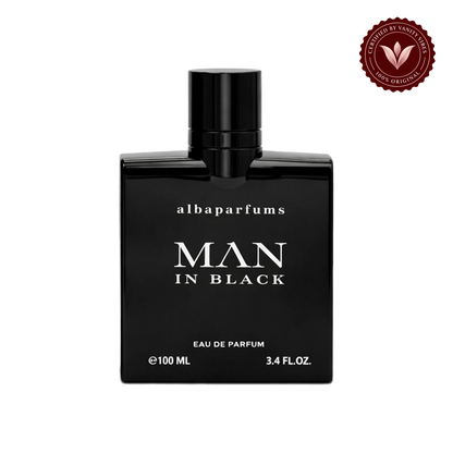 Alba Men in Black; single front-facing product, transparent background, Vanity Vibes badge