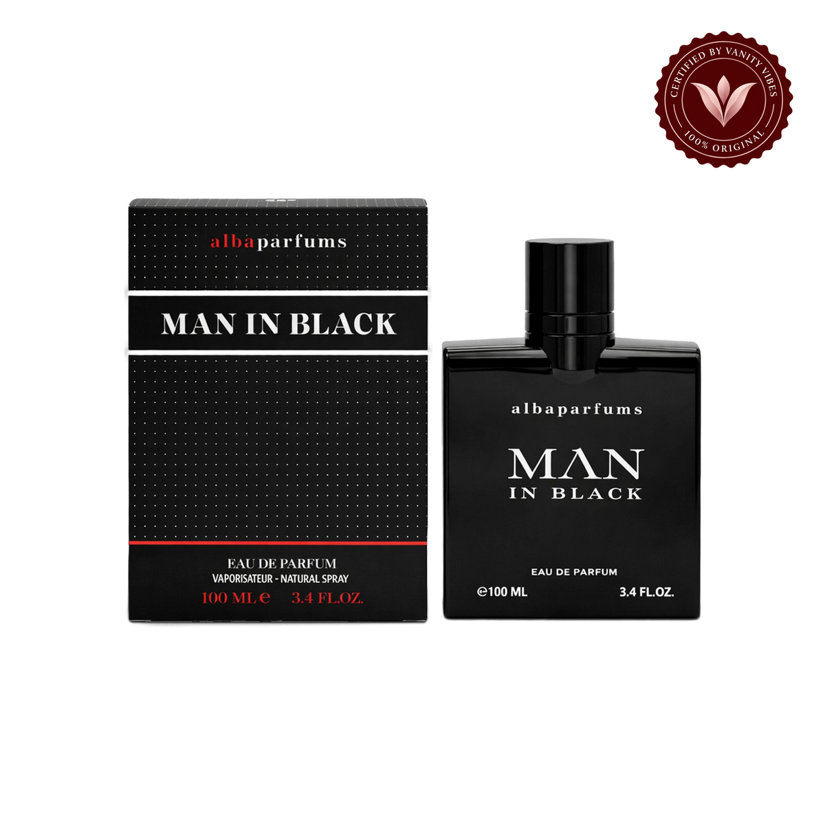 Alba Men in Black; bottle and box, transparent background, Vanity Vibes badge
