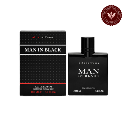 Alba Men in Black; bottle and box, transparent background, Vanity Vibes badge