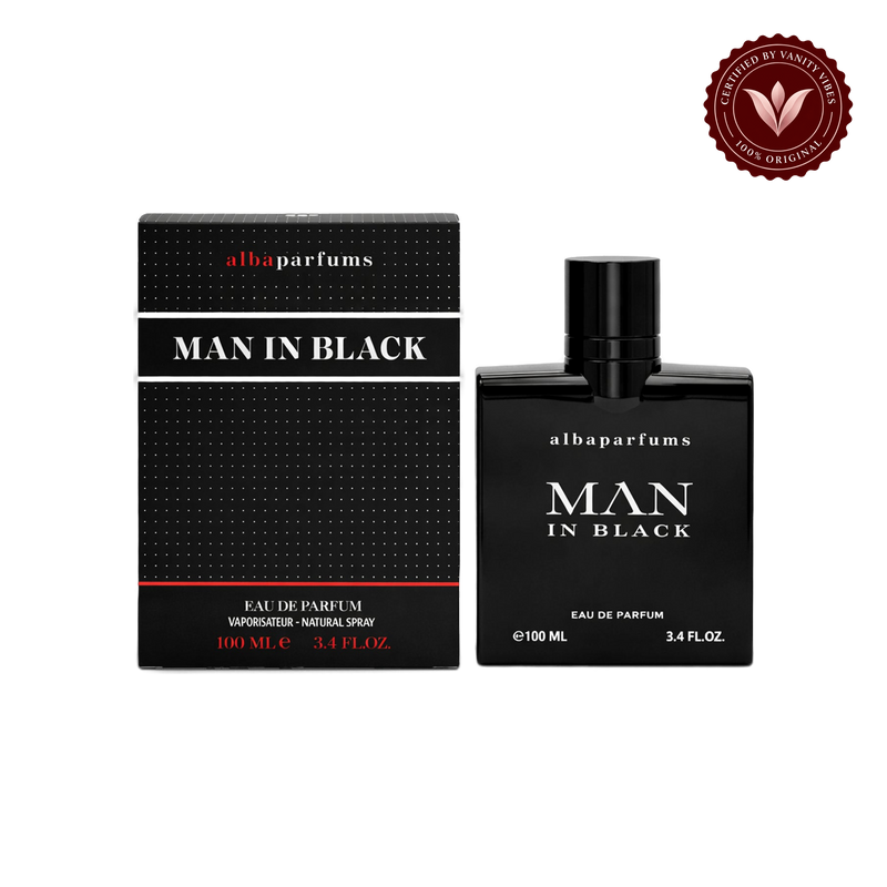 Alba Men in Black; bottle and box, transparent background, Vanity Vibes badge
