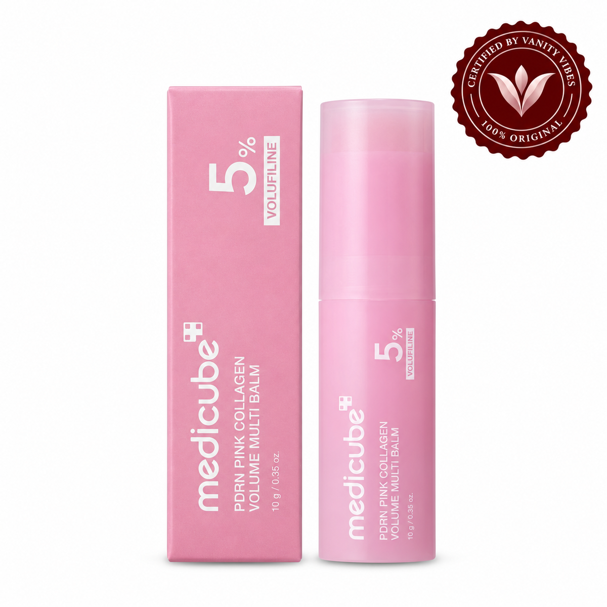 Medicube PDRN Pink Collagen Volume Multi Balm 10g with box on white and Vanity Vibes stamp