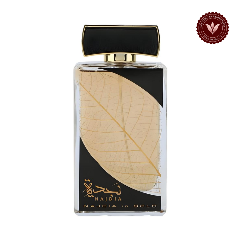 Lattafa Najdia Gold 100ml centered front bottle on white background