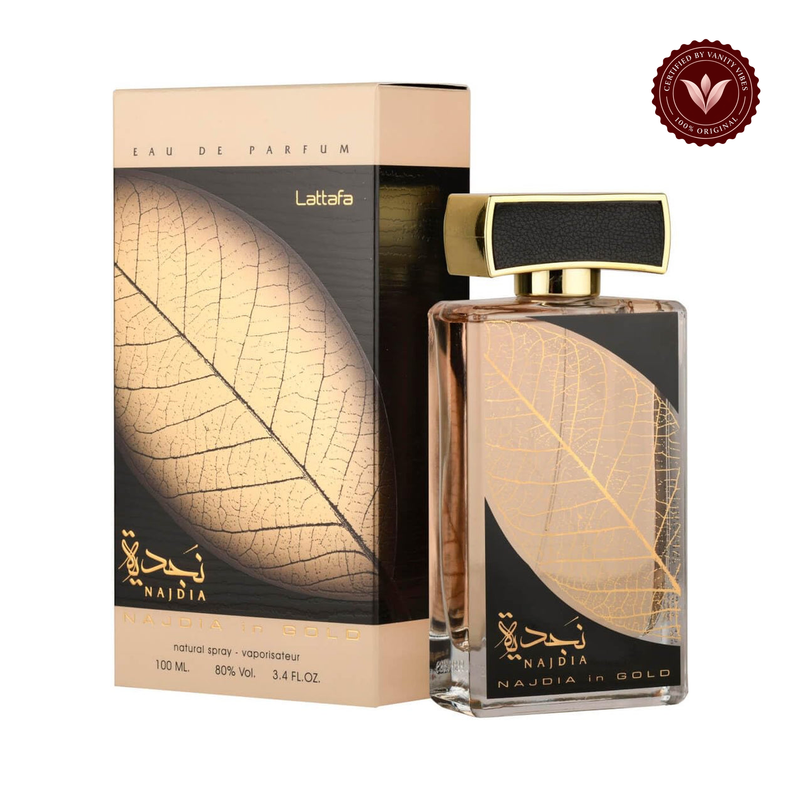 Lattafa Najdia Gold 100ml bottle with presentation box on white background