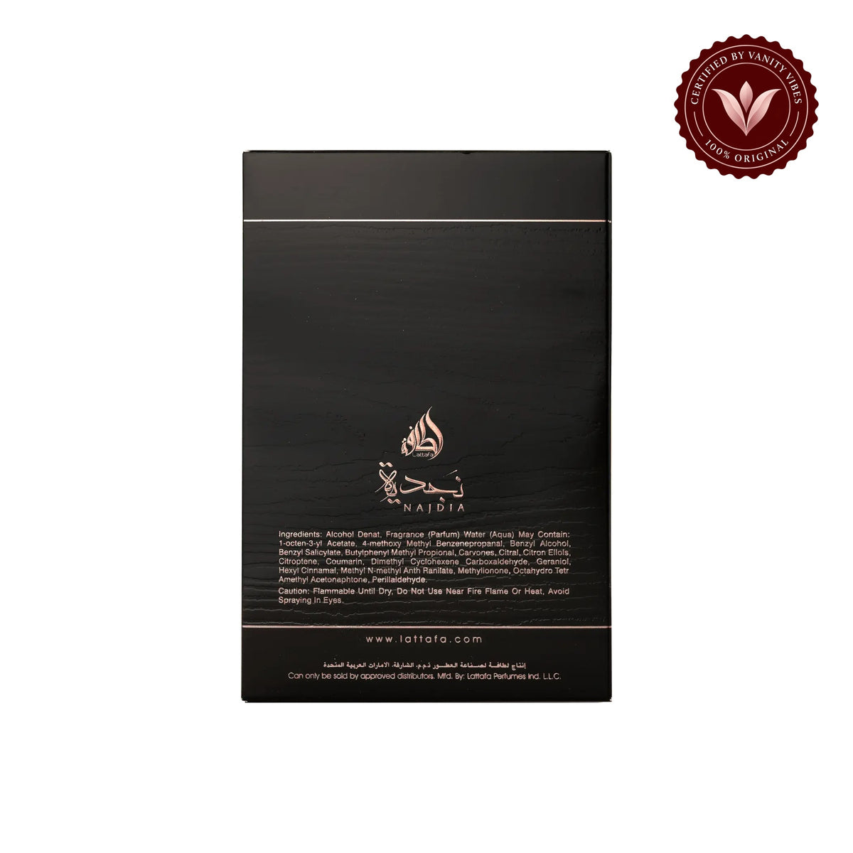 Lattafa Najdia Tribute packaging back with product details on white background
