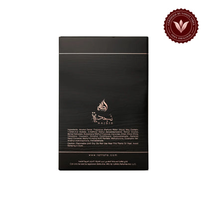 Lattafa Najdia Tribute packaging back with product details on white background