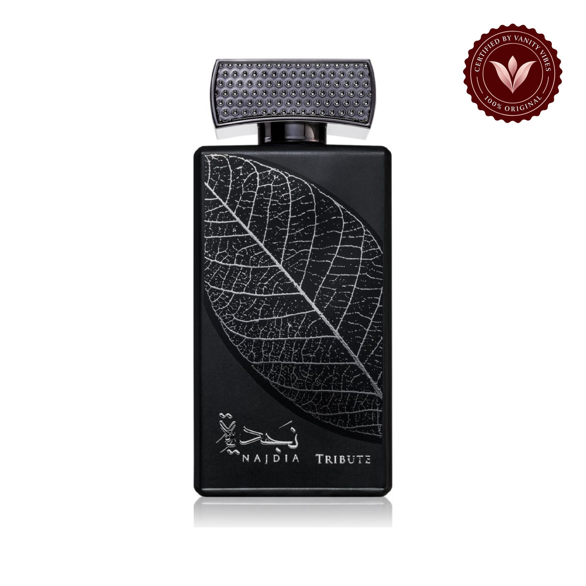 Lattafa Najdia Tribute 100ml perfume bottle, front view on white background