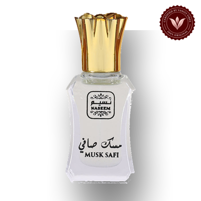 Naseem Musk Safi 12ml concentrated perfume oil bottle, Vanity Vibes badge