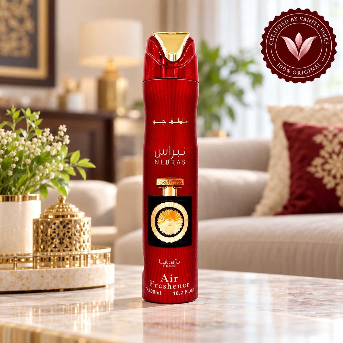 Lattafa Nebras Air Freshener 300ml in a home setting with Vanity Vibes seal