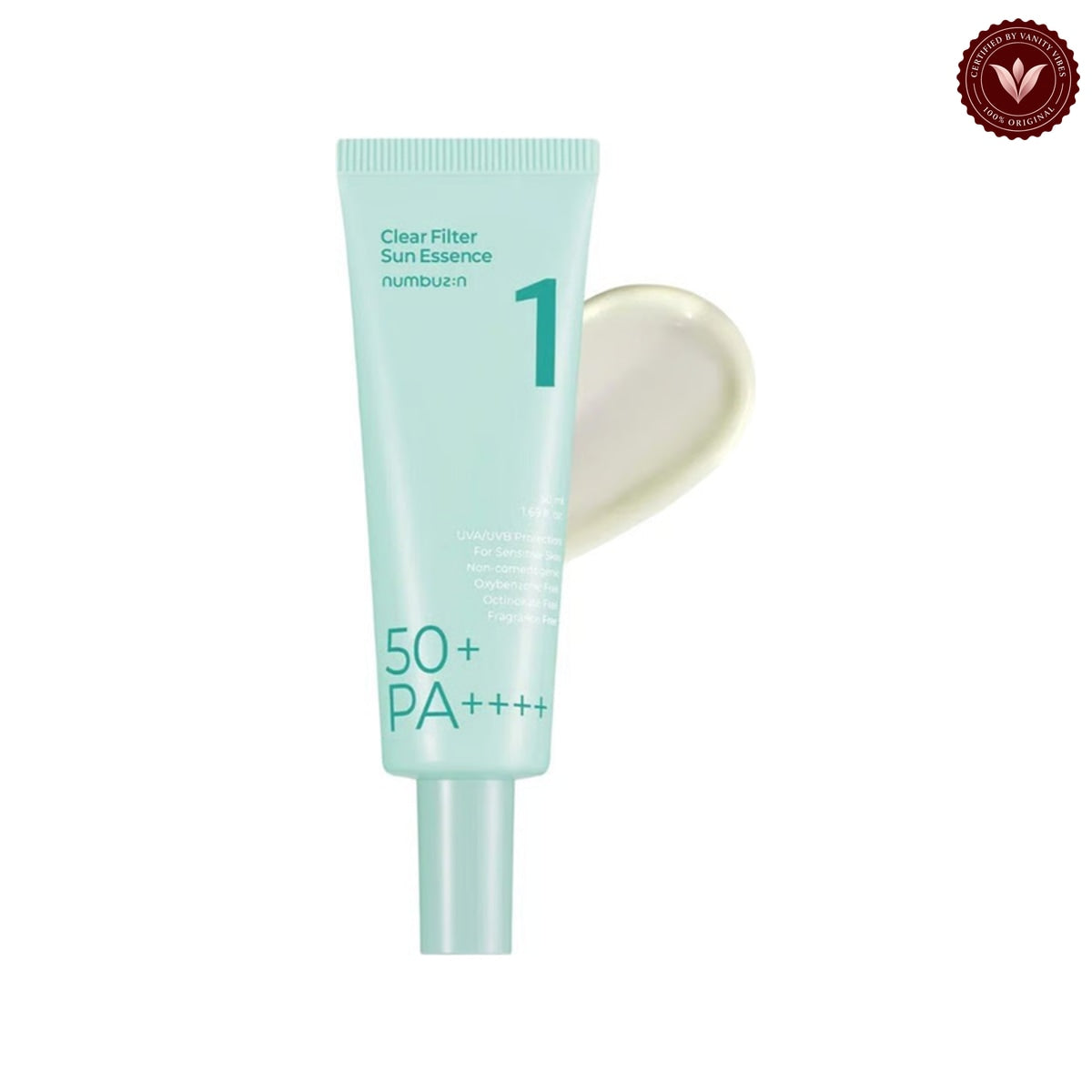 Numbuzin No.1 Clear Filter Sun Essence SPF50+ PA++++ 50ml on white with the official Vanity Vibes badge