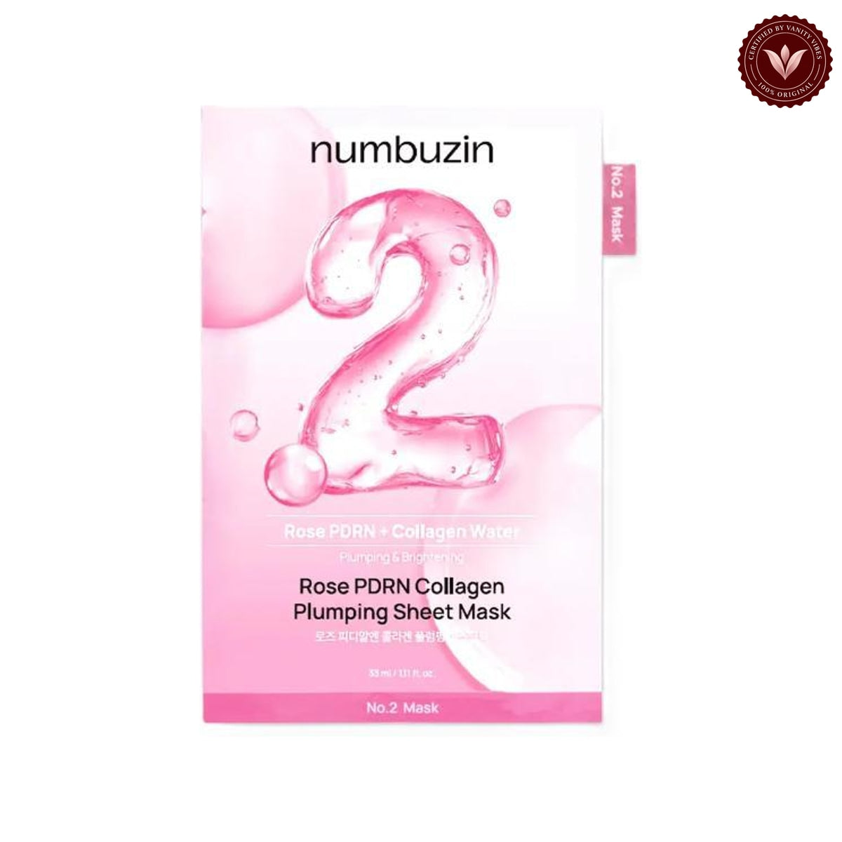 Numbuzin No.2 Rose PDRN Collagen Plumping Sheet Mask 33ml on white with the official Vanity Vibes badge
