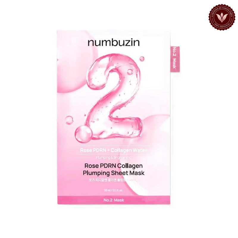 Numbuzin No.2 Rose PDRN Collagen Plumping Sheet Mask 33ml on white with the official Vanity Vibes badge