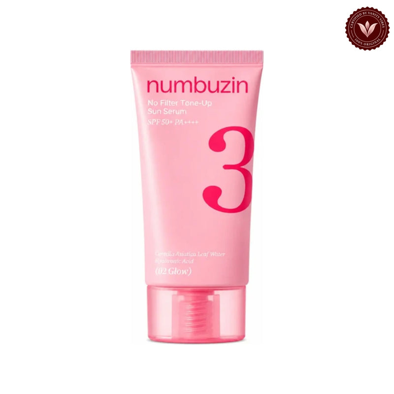 Numbuzin No.3 No Filter Tone-Up Sun Serum SPF50+ 50ml on white with the official Vanity Vibes badge