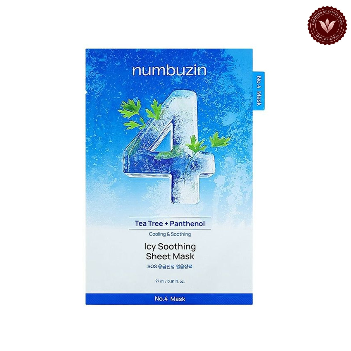 Numbuzin No.4 Icy Soothing Sheet Mask 27ml on white with the official Vanity Vibes badge