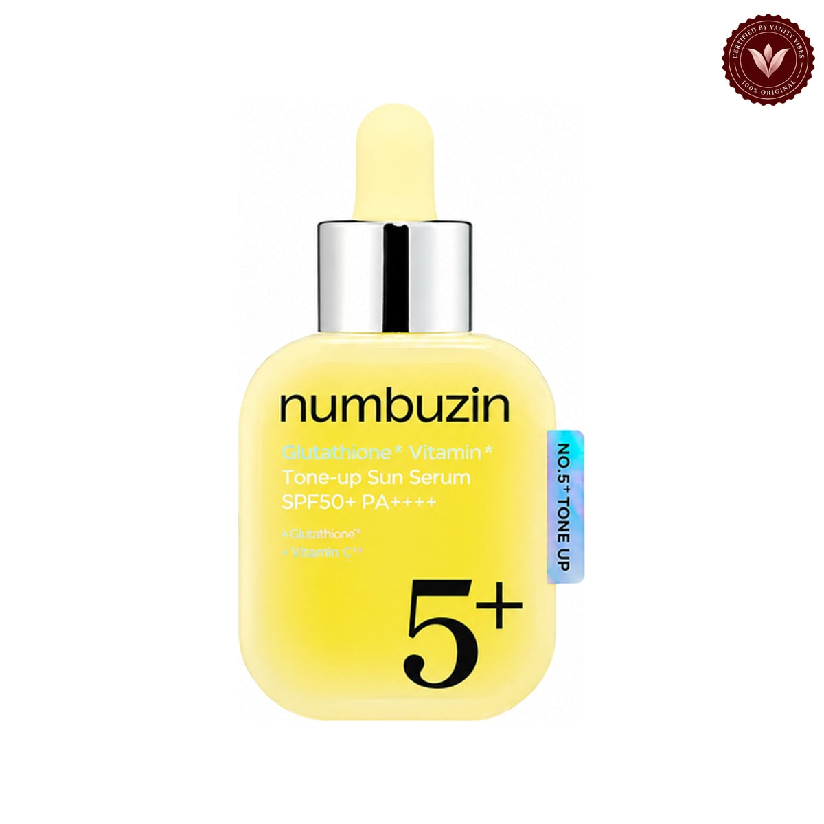 Numbuzin No.5 Glutathione Vitamin Tone-Up Sun Serum 30ml on white with the official Vanity Vibes badge