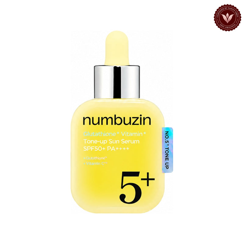 Numbuzin No.5 Glutathione Vitamin Tone-Up Sun Serum 30ml on white with the official Vanity Vibes badge