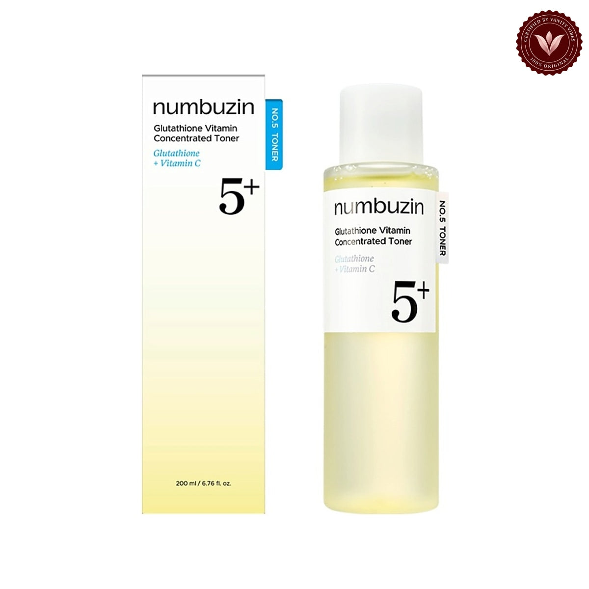 Numbuzin No.5 Glutathione Vitamin Concentrated Toner 200ml on white with the official Vanity Vibes badge