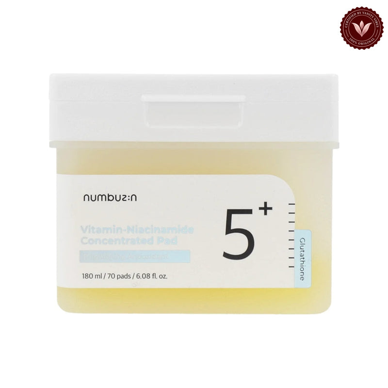 Numbuzin No.5 Vitamin-Niacinamide Concentrated Pads 70 Pads on white with the official Vanity Vibes badge