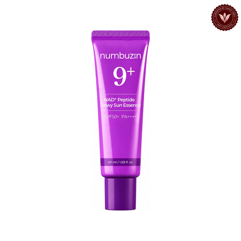 Numbuzin No.9 NAD+ Peptides Dewy Sun Essence 50ml on white with the official Vanity Vibes badge