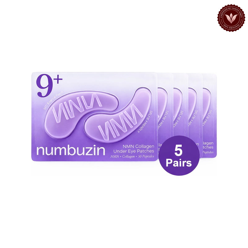 Numbuzin No.9 NMN + Collagen Under-Eye Patches 5 Pairs on white with the official Vanity Vibes badge