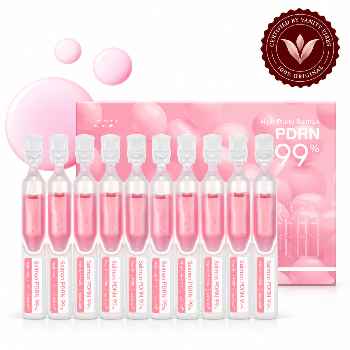 Medicube PDRN Pink One Day Serum 1.5ml x 10 box and ampoules on white with Vanity Vibes stamp