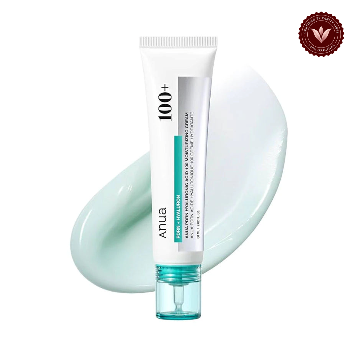 Anua PDRN Hyaluronic Acid 100 Moisturizing Cream 60ml front photo, centered on white with Vanity Vibes badge