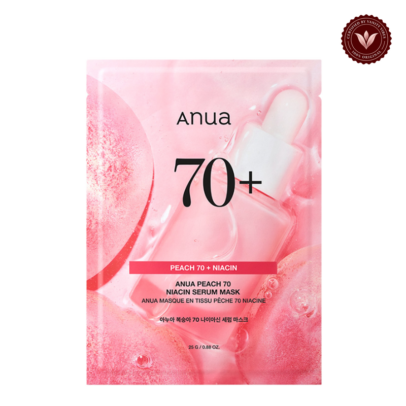 Anua Peach 70+ Niacin Serum Mask alternate view with Vanity Vibes seal