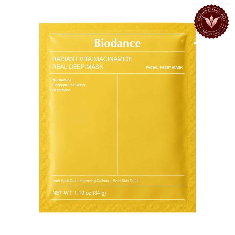 Biodance Radiant Vita Niacinamide Real Deep Mask – 1 Sheet on a clean white background with Vanity Vibes badge