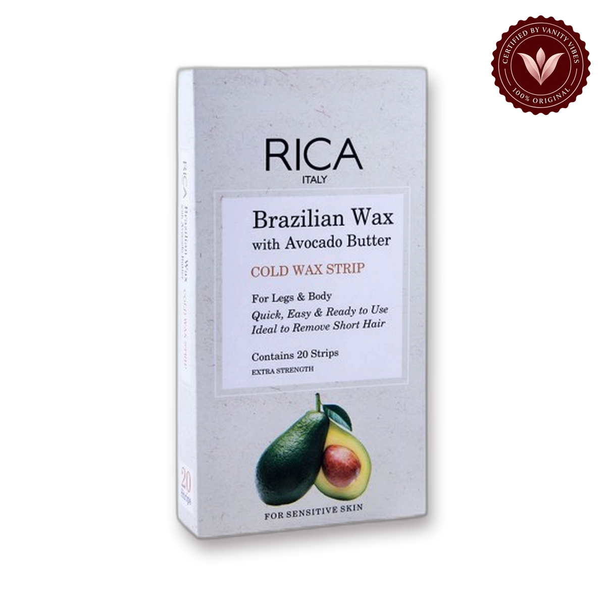 Rica Brazilian Wax With Avocado Butter, Legs & Body Cold Wax Strip 20 Strips For Sensitive Skin — front view