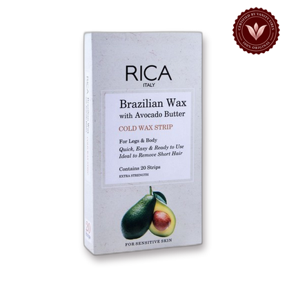 Rica Brazilian Wax With Avocado Butter, Legs & Body Cold Wax Strip 20 Strips For Sensitive Skin — front view