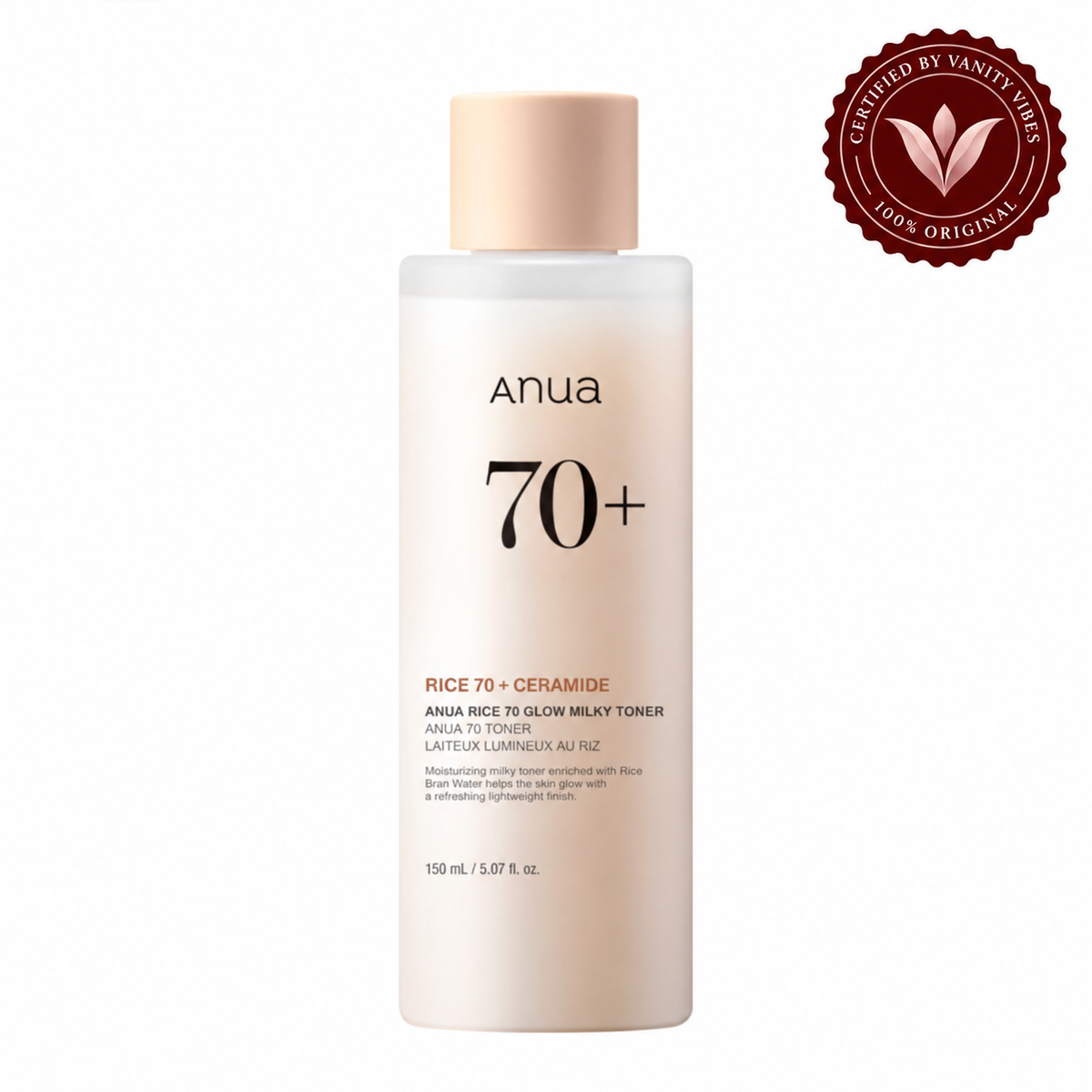 Anua Rice 70 Glow Milky Toner 150ml bottle, front view on white with Vanity Vibes stamp