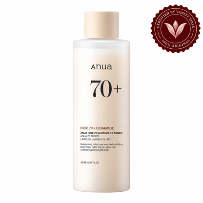 Anua Rice 70 Glow Milky Toner 150ml bottle, front product view on white with Vanity Vibes stamp