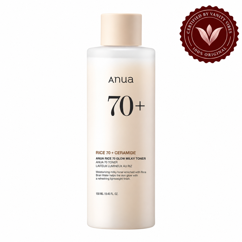 Anua Rice 70 Glow Milky Toner 150ml bottle, front product view on white with Vanity Vibes stamp
