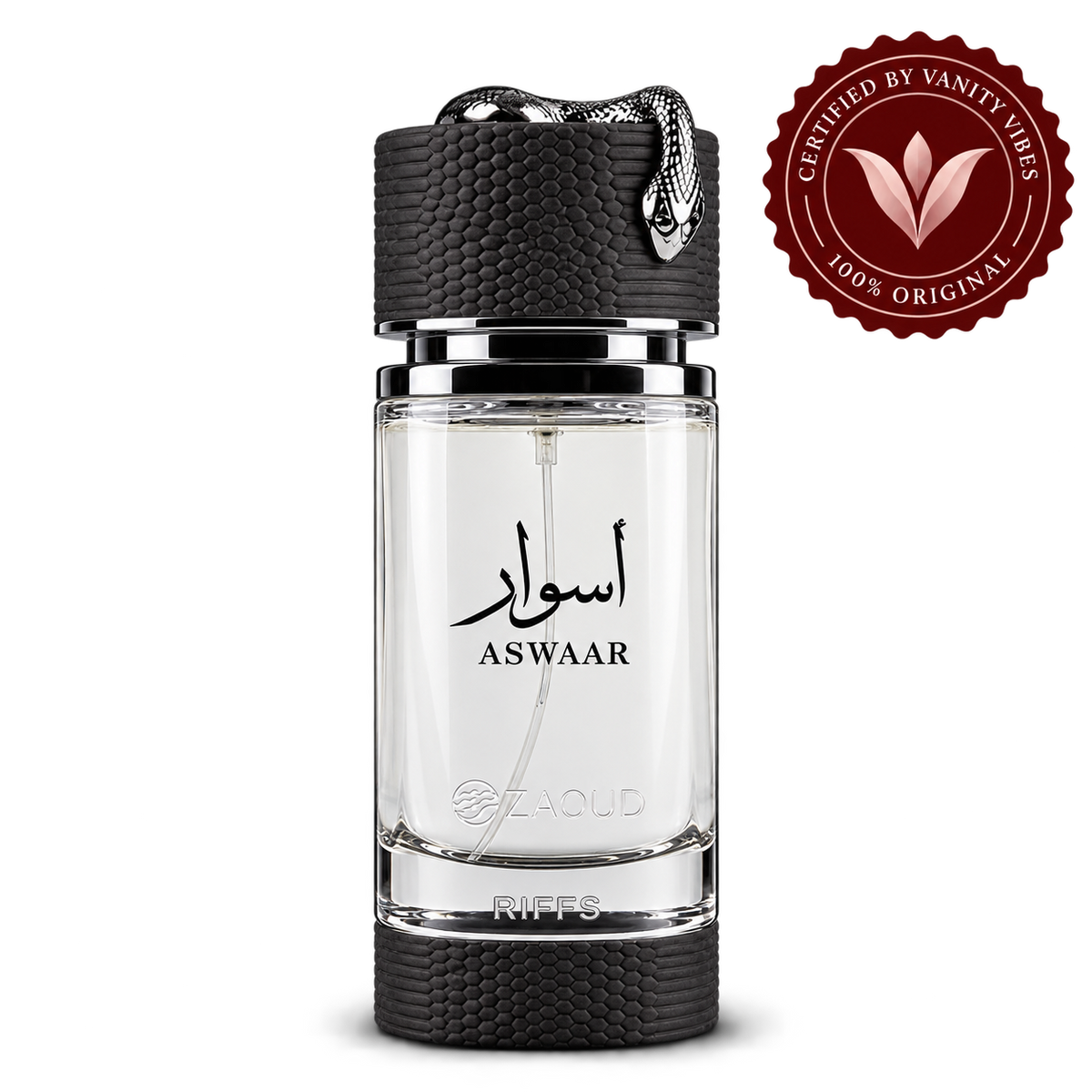 Riiffs Aswaar Perfume 100ml transparent bottle with Vanity Vibes logo
