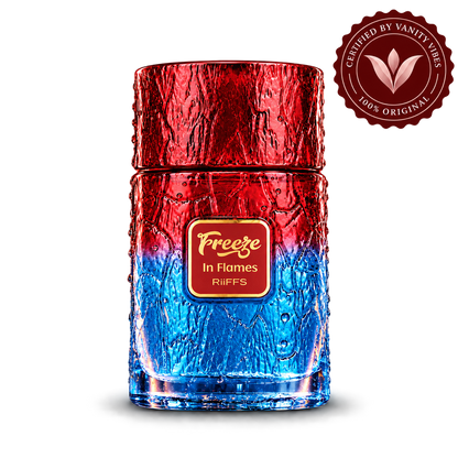 Riiffs Freeze In Flames Perfume 100ml transparent bottle with Vanity Vibes logo