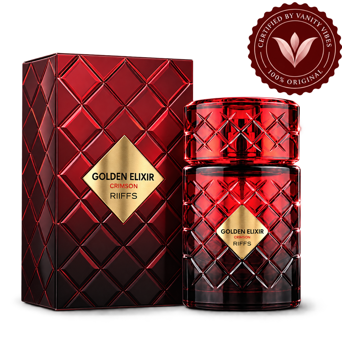 Riiffs Golden Elixir Crimson 100ml perfume bottle and matching box cutout with transparent background and Vanity Vibes logo