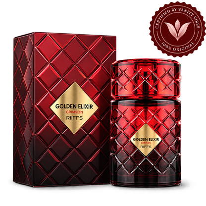 Riiffs Golden Elixir Crimson 100ml perfume bottle and matching box cutout with transparent background and Vanity Vibes logo