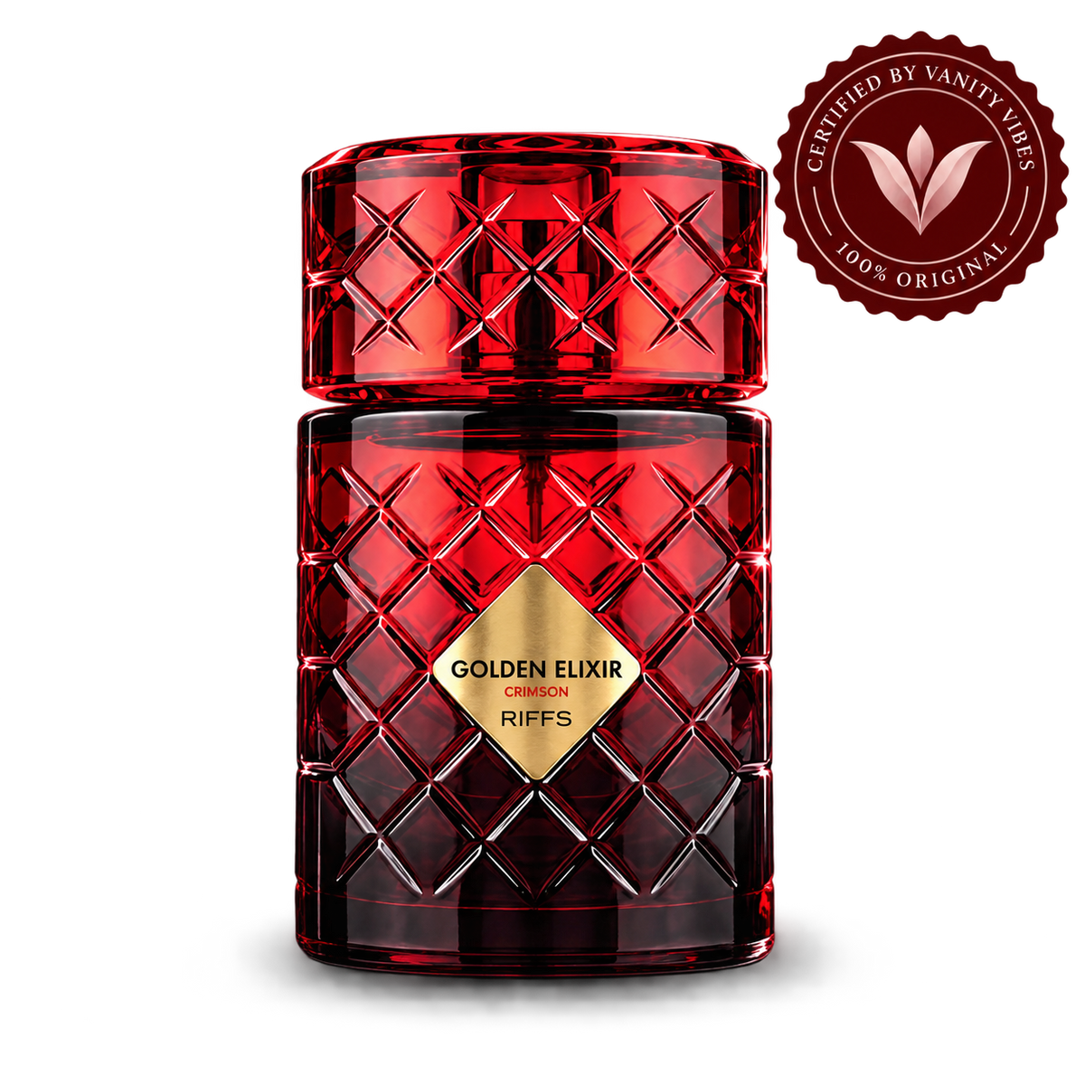 Riiffs Golden Elixir Crimson 100ml unisex extrait de parfum bottle cutout with transparent background and Vanity Vibes logo