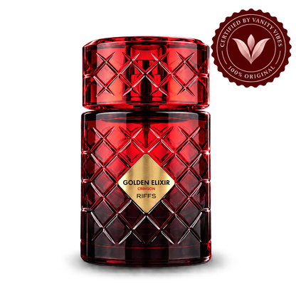 Riiffs Golden Elixir Crimson 100ml unisex extrait de parfum bottle cutout with transparent background and Vanity Vibes logo