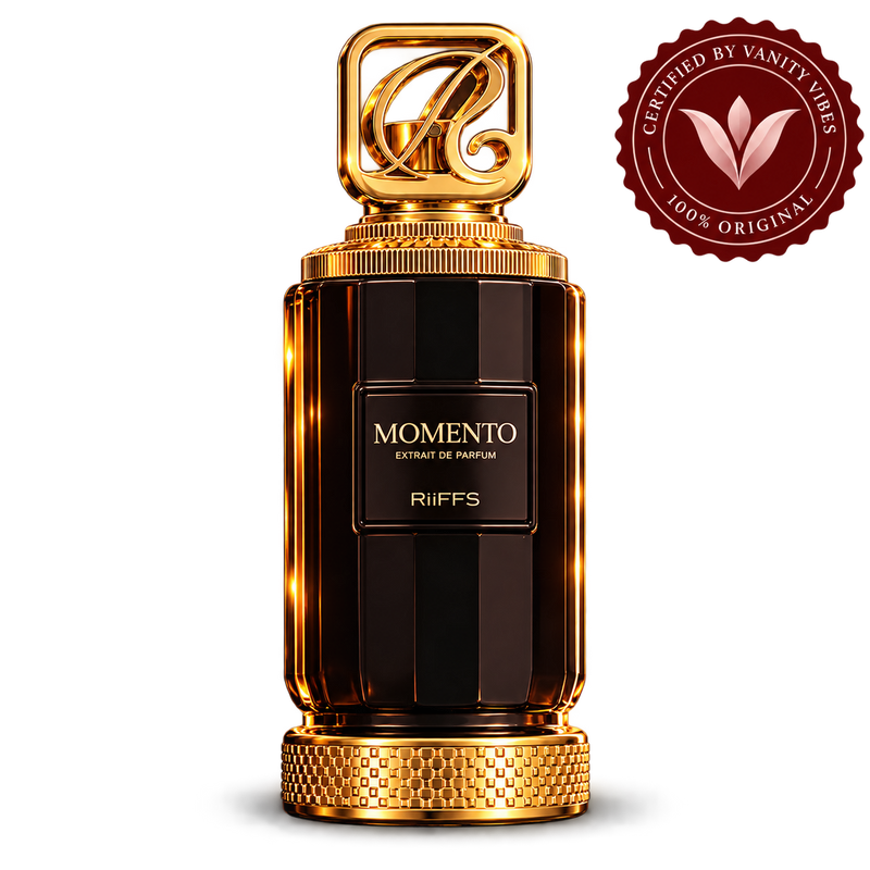 Riiffs Momento Extrait de Parfum 100ml transparent bottle with Vanity Vibes logo