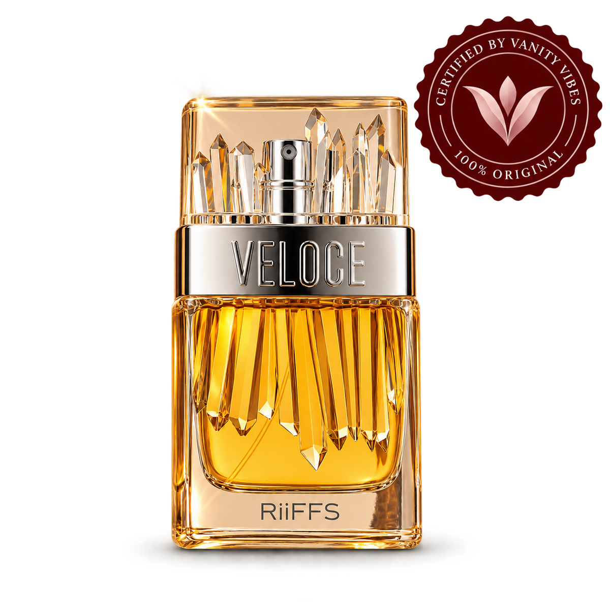 Riiffs Veloce Unisex Perfume 100ml transparent bottle with Vanity Vibes logo