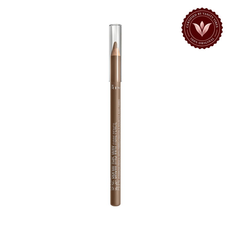 Rimmel Brow This Way Fibre Eyebrow Pencil 001 Light front product on white with Vanity Vibes badge