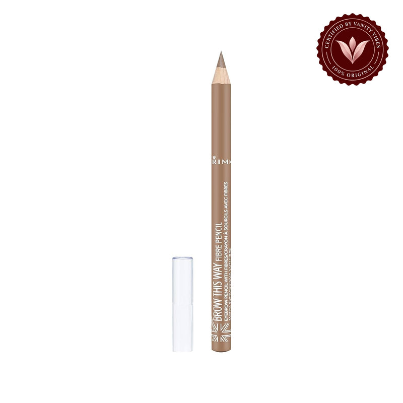 Rimmel Brow This Way Fibre Eyebrow Pencil 001 Light pencil with cap on white with Vanity Vibes badge