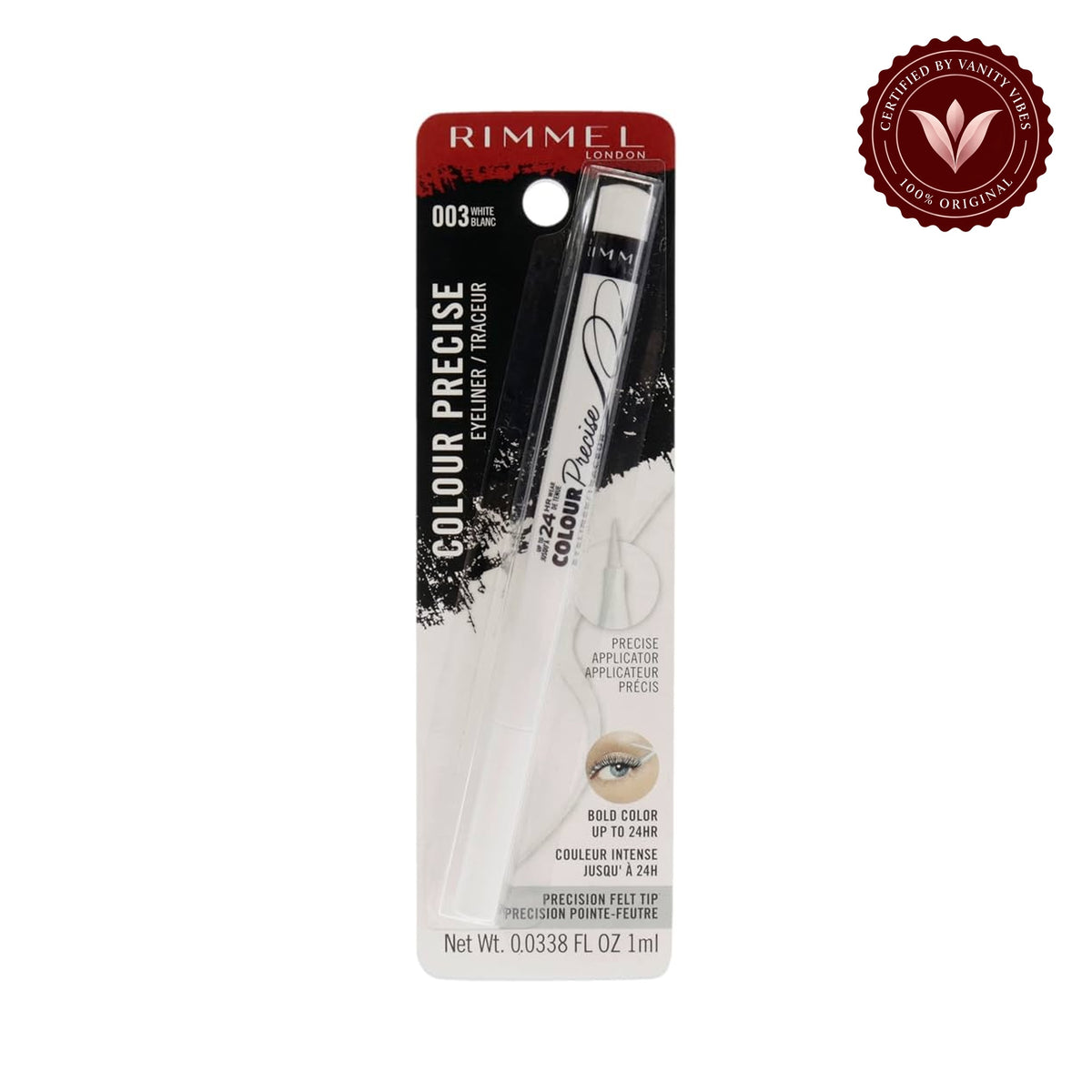 Rimmel Colour Precise Eyeliner 003 White in retail package with Vanity Vibes badge