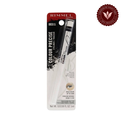 Rimmel Colour Precise Eyeliner 003 White in retail package with Vanity Vibes badge