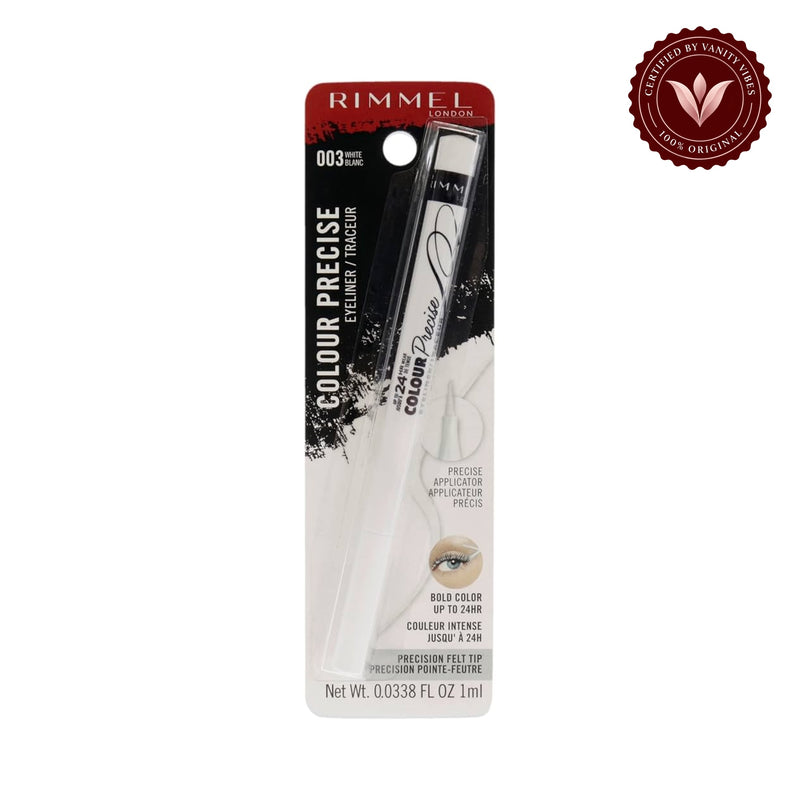 Rimmel Colour Precise Eyeliner 003 White in retail package with Vanity Vibes badge