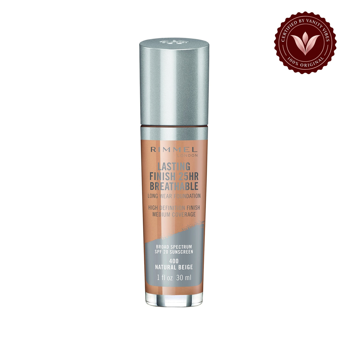Rimmel Lasting Finish 25 Hour Foundation 400 Natural Beige single product on white with Vanity Vibes badge