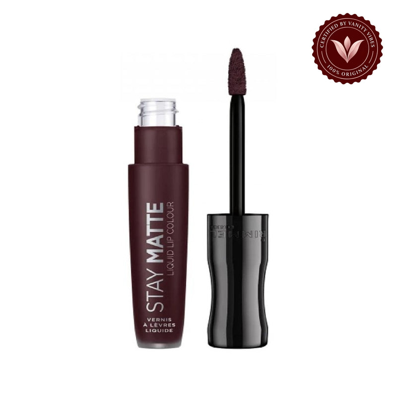 Rimmel Stay Matte Liquid Lip Colour shade 870 Damn Hot, product and applicator