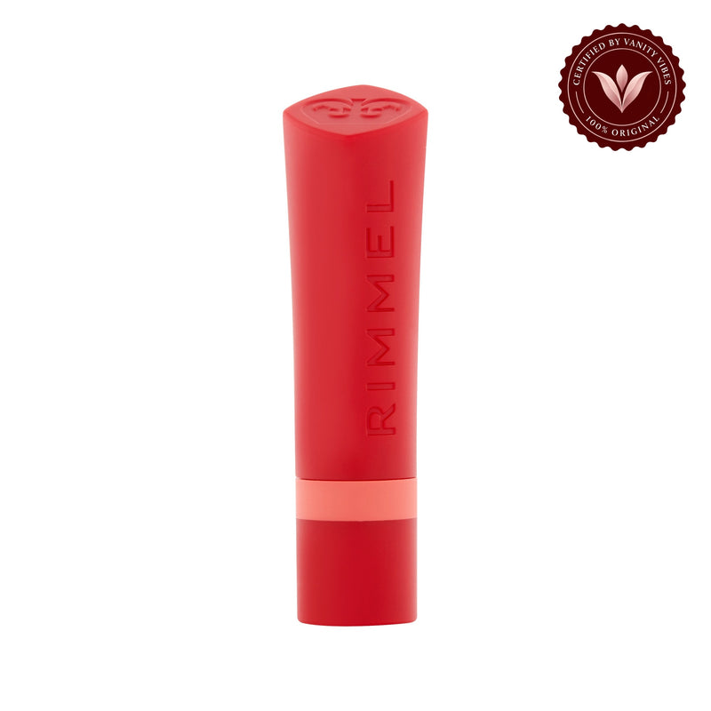 Rimmel The Only 1 Matte Lipstick 600 Keep It Coral, closed front-facing lipstick with Vanity Vibes badge